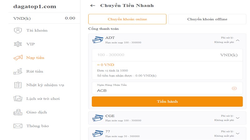 hướng dẫn nạp tiền daga